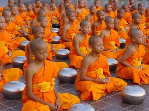 נזירים בודהיסטים במדיטציה
נזירים רבּים מִתְנַתְקים מֵחֶברַת אנשים וּמִתבּוֹדְדים בְּמִנְזָרים המרוּחָקים מִכּל יִישוב, שָם הם מִתחַייבים לחיות חיים רוּחָנִיִים, להתפלל, וּלְהַרְבּוֹת בִּשְתִיקָה